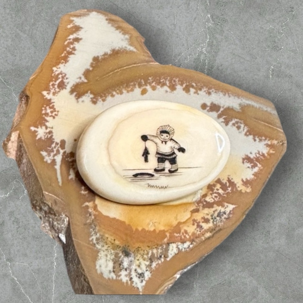 Peter Kuniliusee Clyde River vintage scrimshaw brooch little Eskimo ice fishing